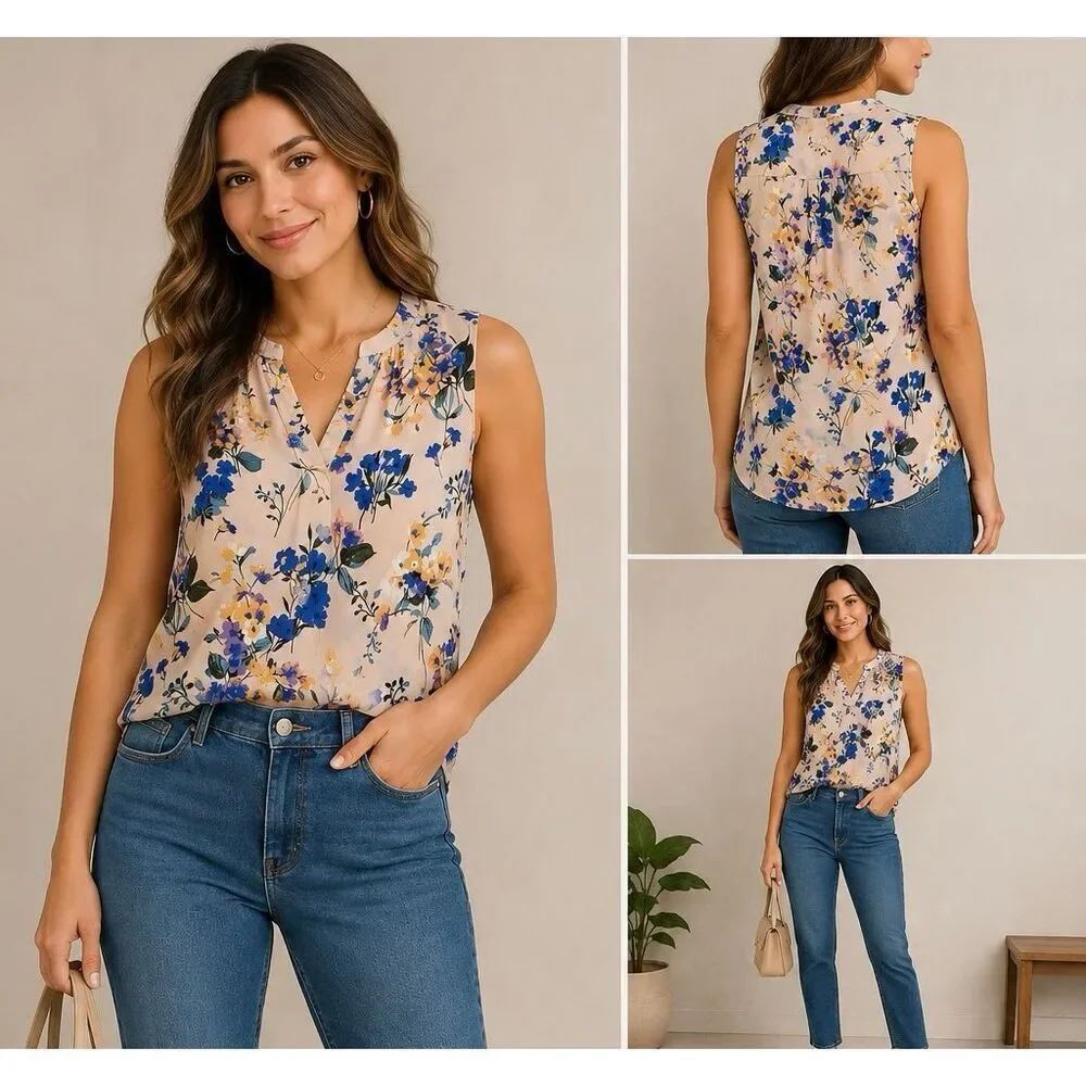 Adrianna Papell Floral Sleeveless Blouse Large Blue Yellow Office Top
